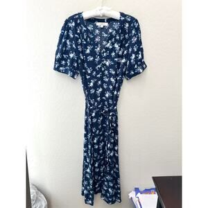 LOFT | Navy Blue Floral Midi Dress Puff Sleeve Belted V-Neck | Size 14